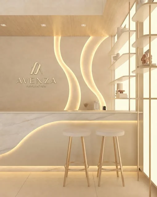 Projeto da recepção Avenza: um balcão claro e curvas de luz